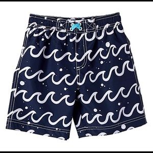 Navy & White Waves Swim Trunks